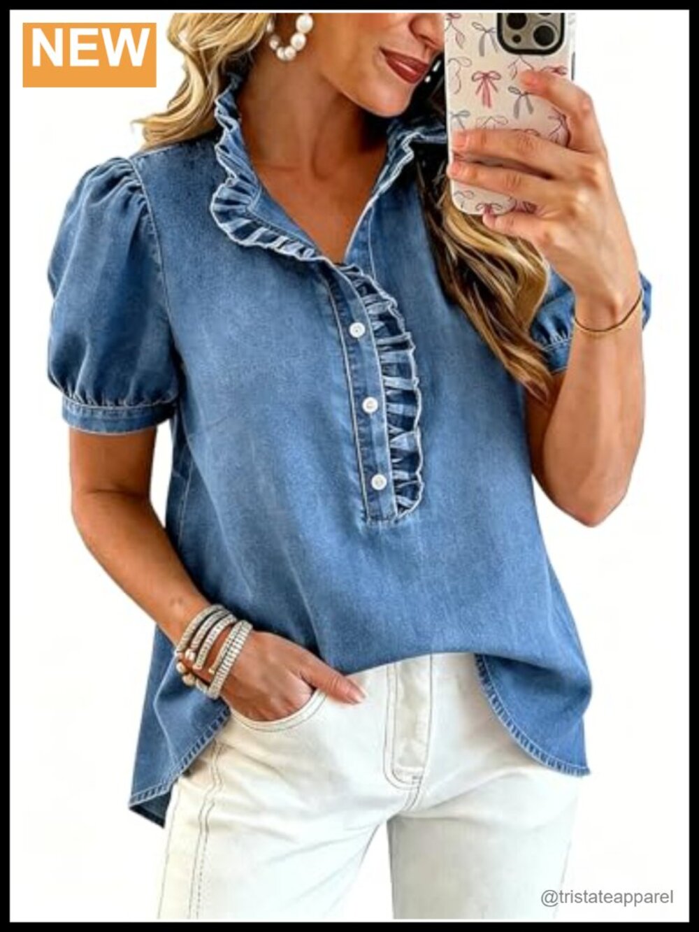 Women's Y2K Ruffle Denim Button Down Shirt Puff Sleeve Blouse